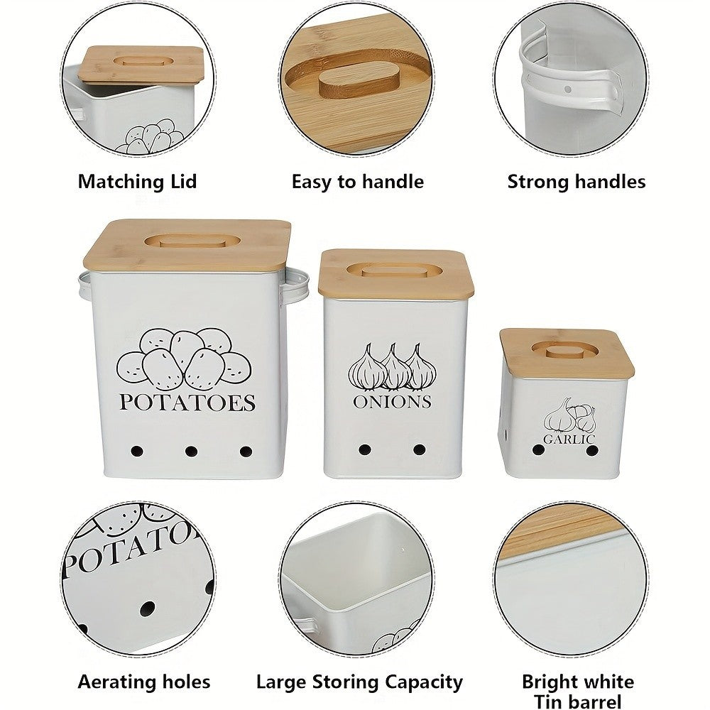 Kitchen Canister Set 3-Pack - Potato Onion Garlic Storage Bins with Wooden Lid, Countertop Vegetable Keeper Containers for Kitchen Organization, Black White & Green