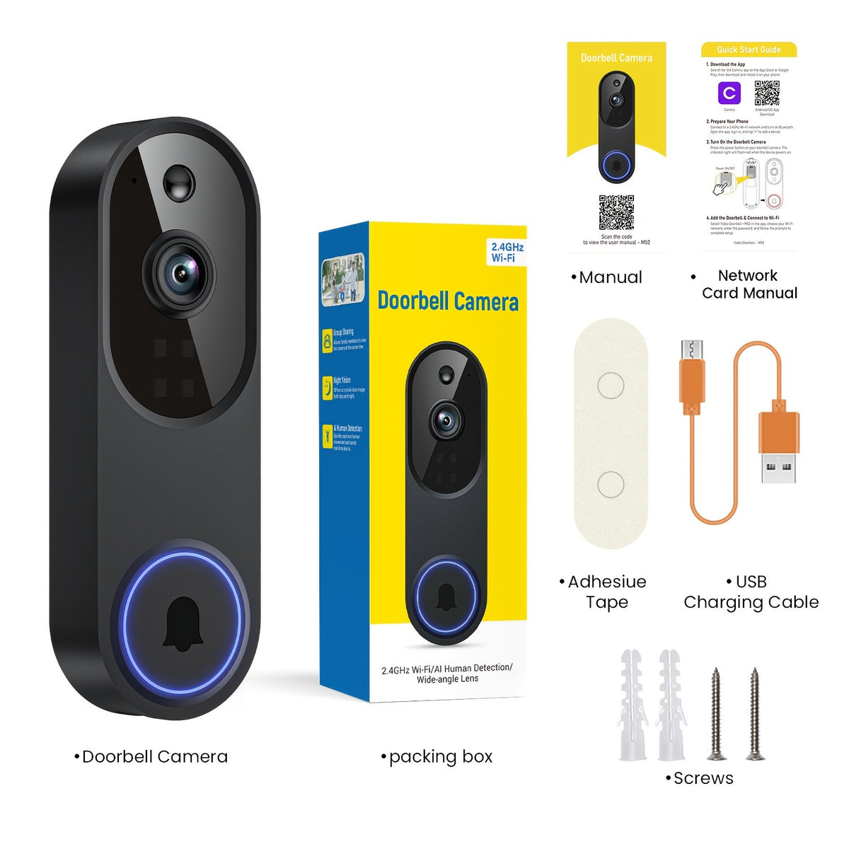 2K Smart Video Doorbell Camera – 166° Wide Angle, AI Human Detection, Two-Way Voice, Night Vision, Cloud Storage & 2.4G WiFi Wireless Doorbell for Home Security