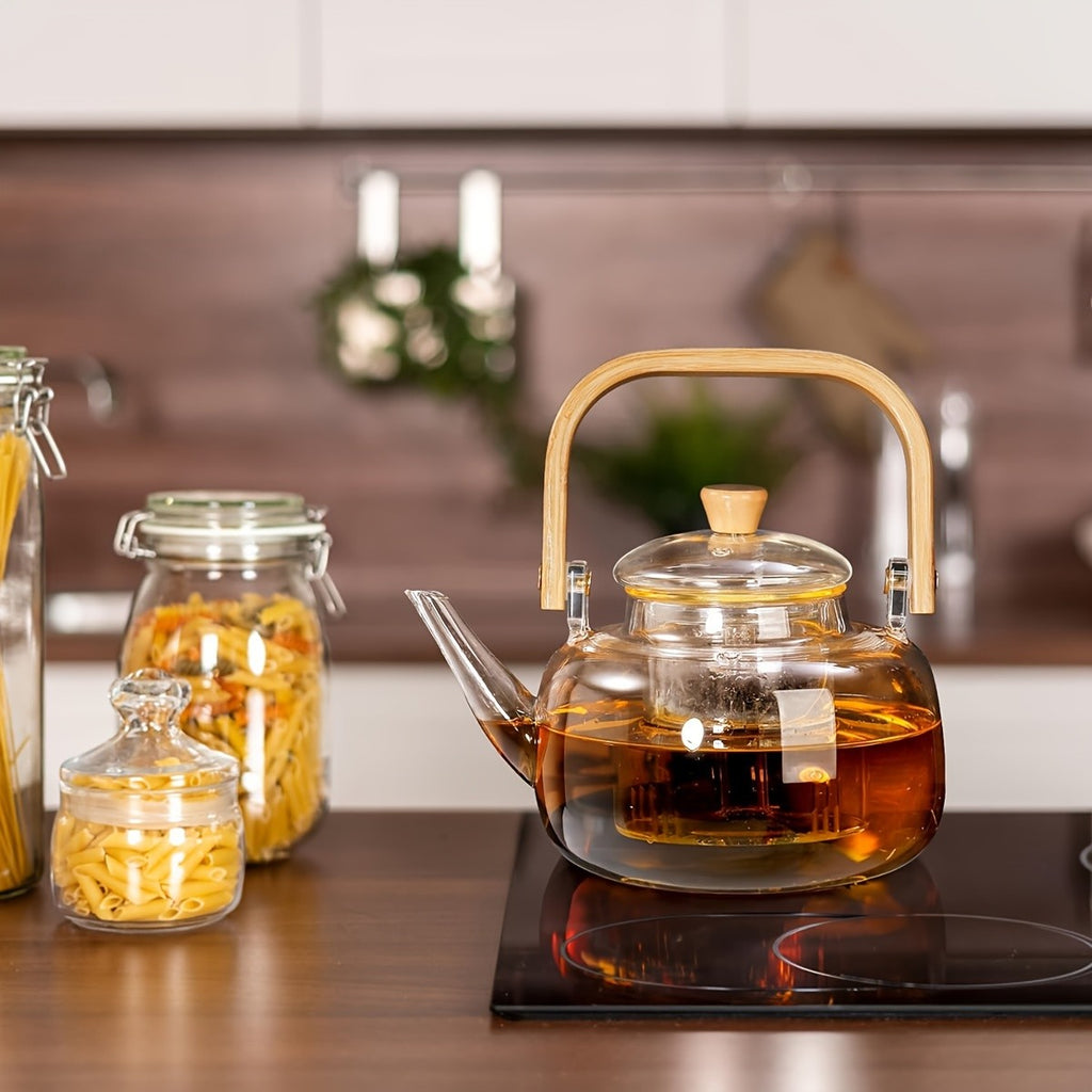 Glass Teapot with Removable Infuser 1000ml 33.81oz High Borosilicate Stovetop Safe for Open Flame & Electric Cooktop Loose Leaf & Herbal Tea Transparent