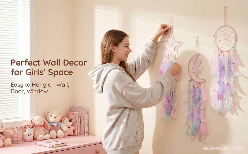 Dream Catcher Wall Decor Set of 3 – Star Moon Sun Boho Room Decor for Teen Girls & Kids Bedroom