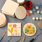 Unfinished Wood Coasters for Crafts DIY Engraving Painting – 4 Inch Square & Round Wooden Drink Coasters with Non-Slip Pad for Home Kitchen Coffee Table | 30 or 60 Pack