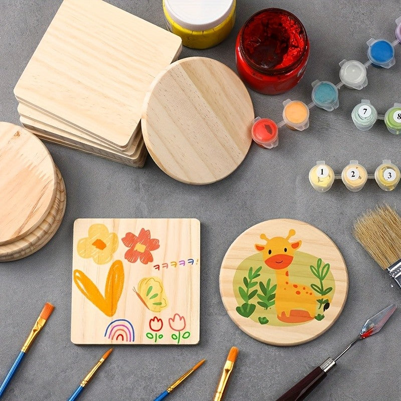 Unfinished Wood Coasters for Crafts DIY Engraving Painting – 4 Inch Square & Round Wooden Drink Coasters with Non-Slip Pad for Home Kitchen Coffee Table | 30 or 60 Pack