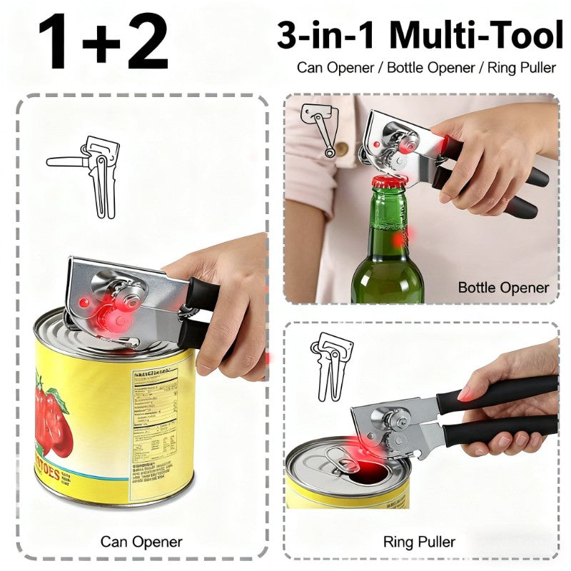 3-in-1 Stainless Steel Can Opener 2-Pack – Ergonomic Handle, Smooth Edge, Bottle Opener, Heavy-Duty Kitchen Tool for Home Cooks & Chefs