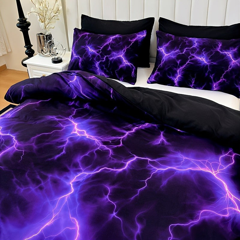 3-Piece Purple Lightning Line Duvet Cover Set HD Print 1 Duvet Cover + 2 Pillowcases No Insert Polychrome Aesthetic Bedroom Twin Full Queen King Bedding