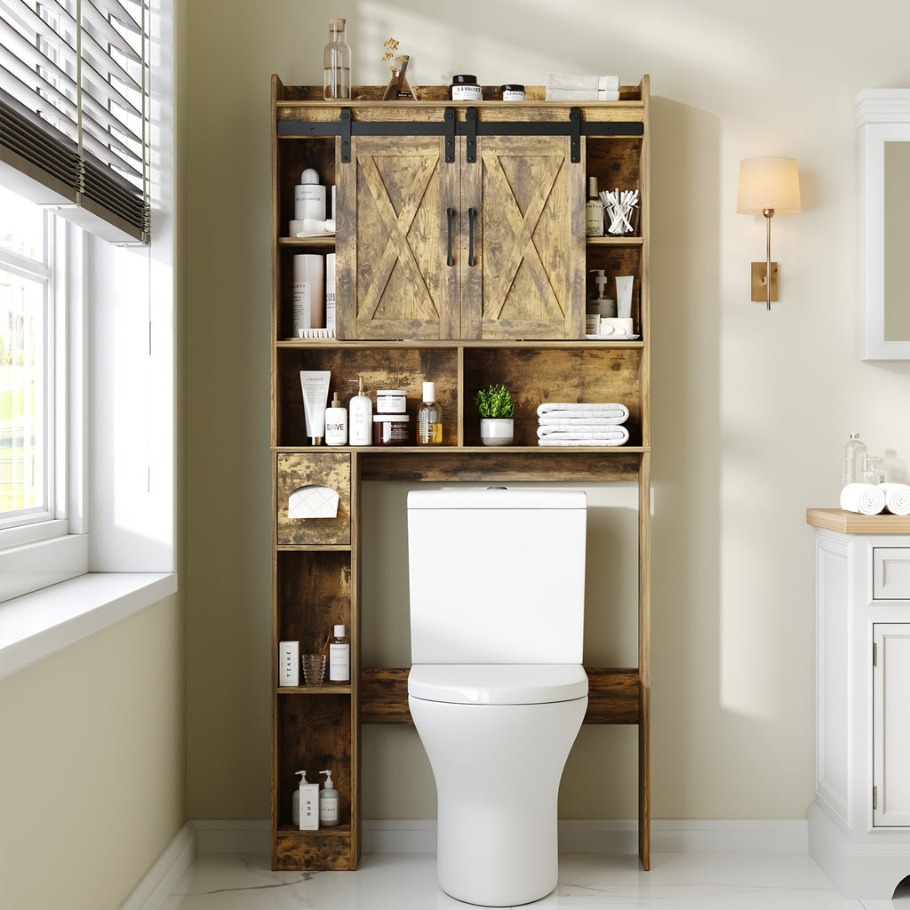 Farmhouse Over Toilet Cabinet with Sliding Doors Engineered Wood Adjustable Shelf Toilet Paper Holder Stand Space Saving Bathroom Storage No Wall Mount Multiple Colors