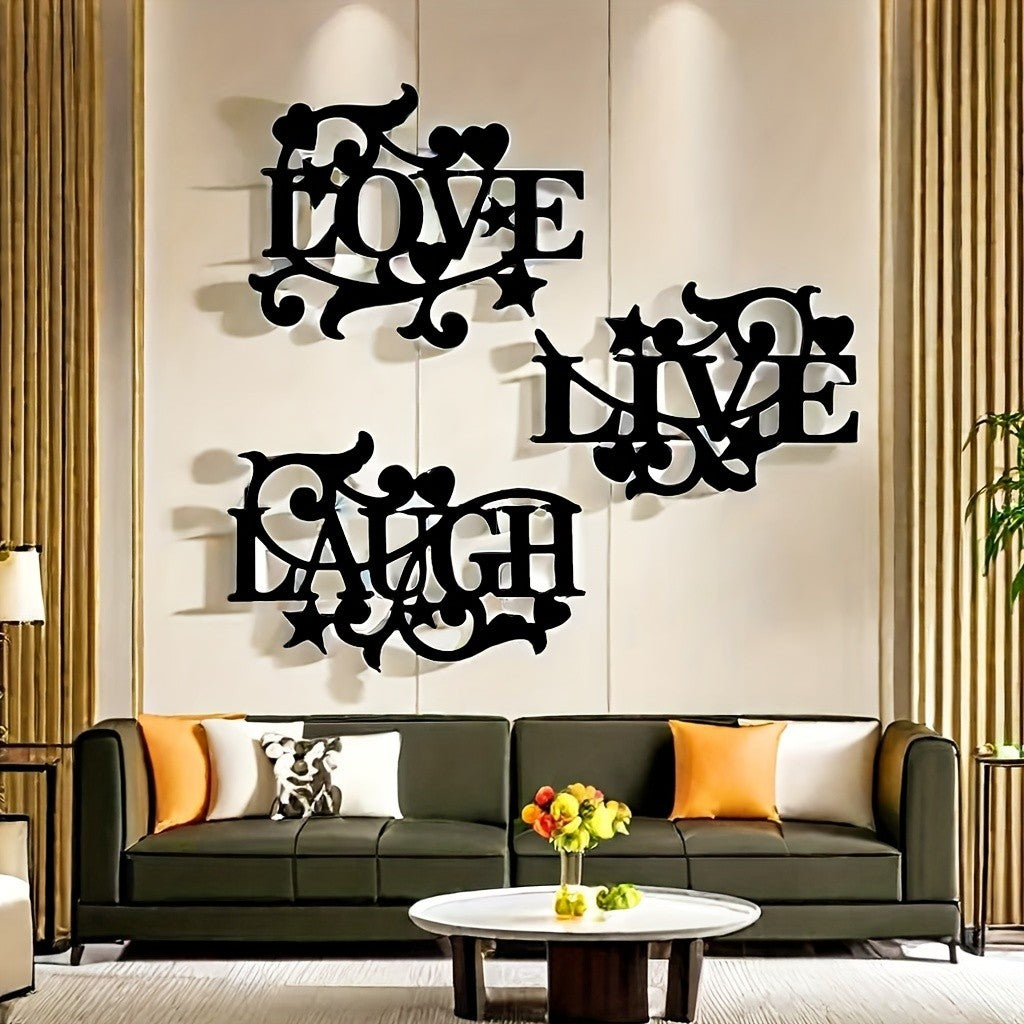 3-Piece Metal Wall Art Set – Love Life Laughter Letter Sign Silhouette | Modern Elegant Black Wall Decor for Living Room, Bedroom & Kitchen | Stylish Home Art Decoration