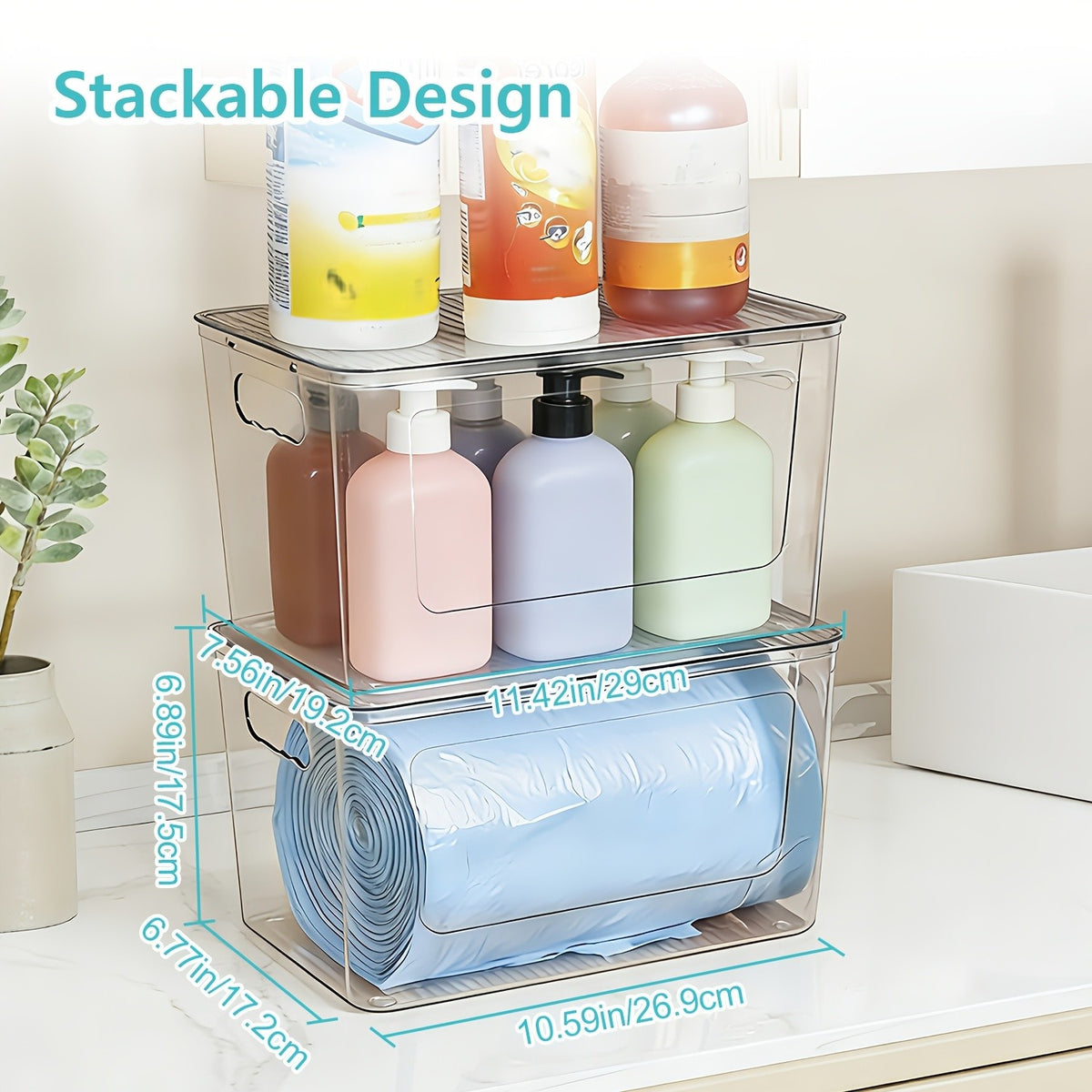 Clear Trash Bag Holder 2-Pack - Stackable Garbage Bag Dispenser for 13/30/33 Gallon Bags, PET Organizer for Under Kitchen Sink, Laundry Room, Pantry & Cabinet Storage