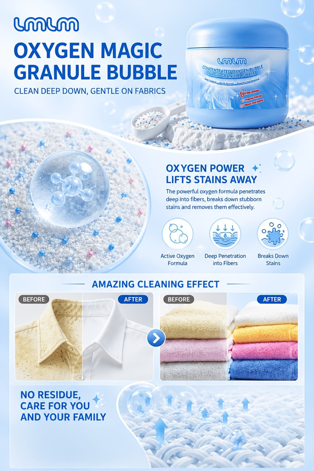 Oxygen Bubble Concentrated Detergent Powder 14.1oz Deep Clean Whitening White Clothes Color Boost HE Safe Septic Safe Laundry Powder for All Washing Machines