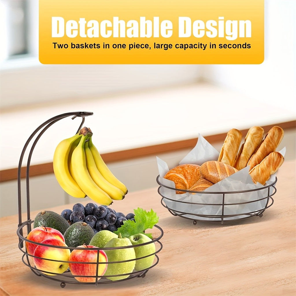 2-Tier Countertop Fruit & Vegetable Basket Bowl Rack with Banana Hooks – Space-Saving Kitchen Storage for Fruits, Vegetables, Bread & Snacks