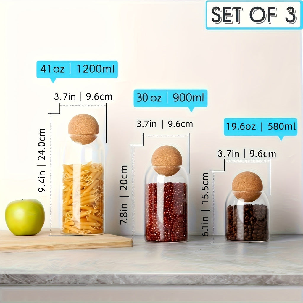 Glass Storage Jars Set of 3 Large Airtight Pantry Jars with Cork Ball Lid & Spoon – Transparent Sealed Canisters for Coffee Beans, Tea, Sugar, Spices & Candy