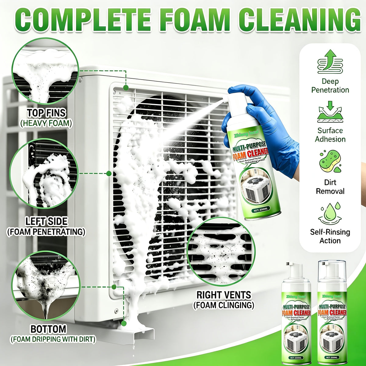 AC Cleaning Agent Spray 300ml – Air Conditioner Indoor & Outdoor Unit Cleaner for Cold Plates, Ventilation Openings & Refrigeration Systems, Removes Dirt & Improves Air Circulation Efficiency