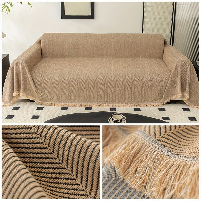 Herringbone Sofa Cover with Tassels – Washable Polyester Throw for 3-Seater, 4-Seater & Large Sofas | Grey, Coffee, Green
