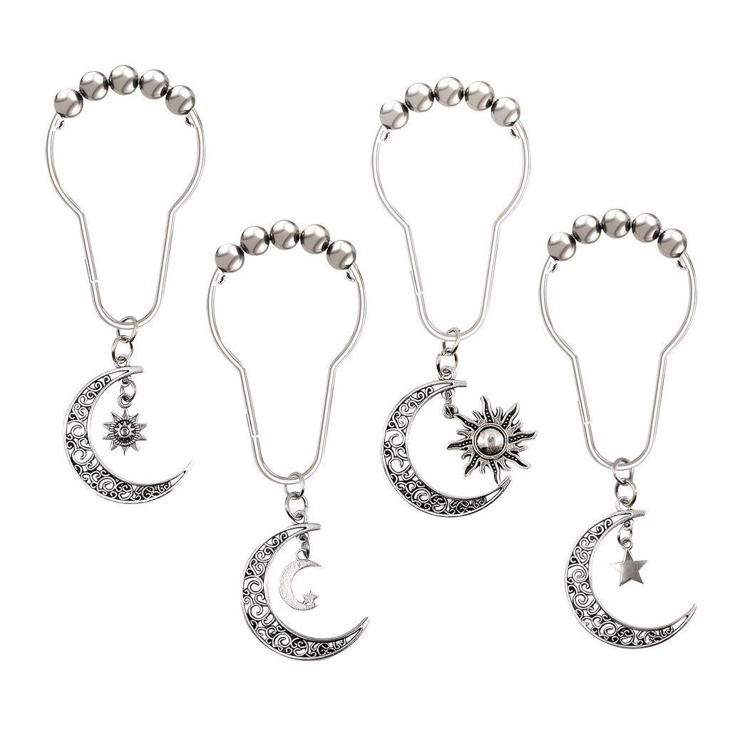 Crescent Shower Curtain Hooks 12 Pack - Silvery Moon Design Cast Iron Rust-Resistant Decorative Curtain Rings, Easy Install for Bathroom Kitchen & Standard Shower Rods