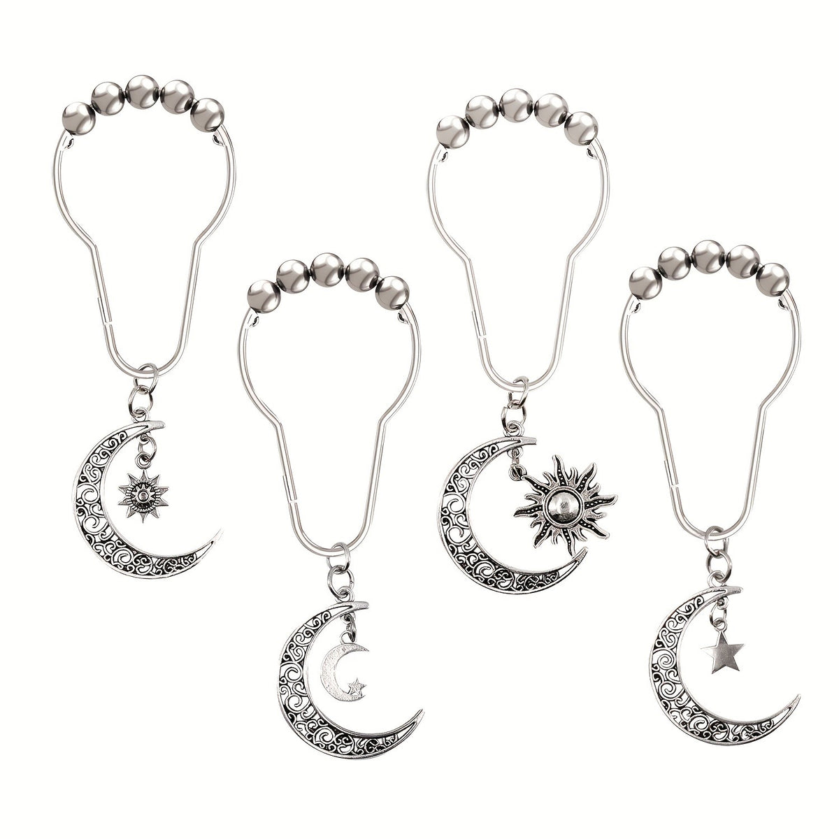 Crescent Shower Curtain Hooks 12 Pack - Silvery Moon Design Cast Iron Rust-Resistant Decorative Curtain Rings, Easy Install for Bathroom Kitchen & Standard Shower Rods