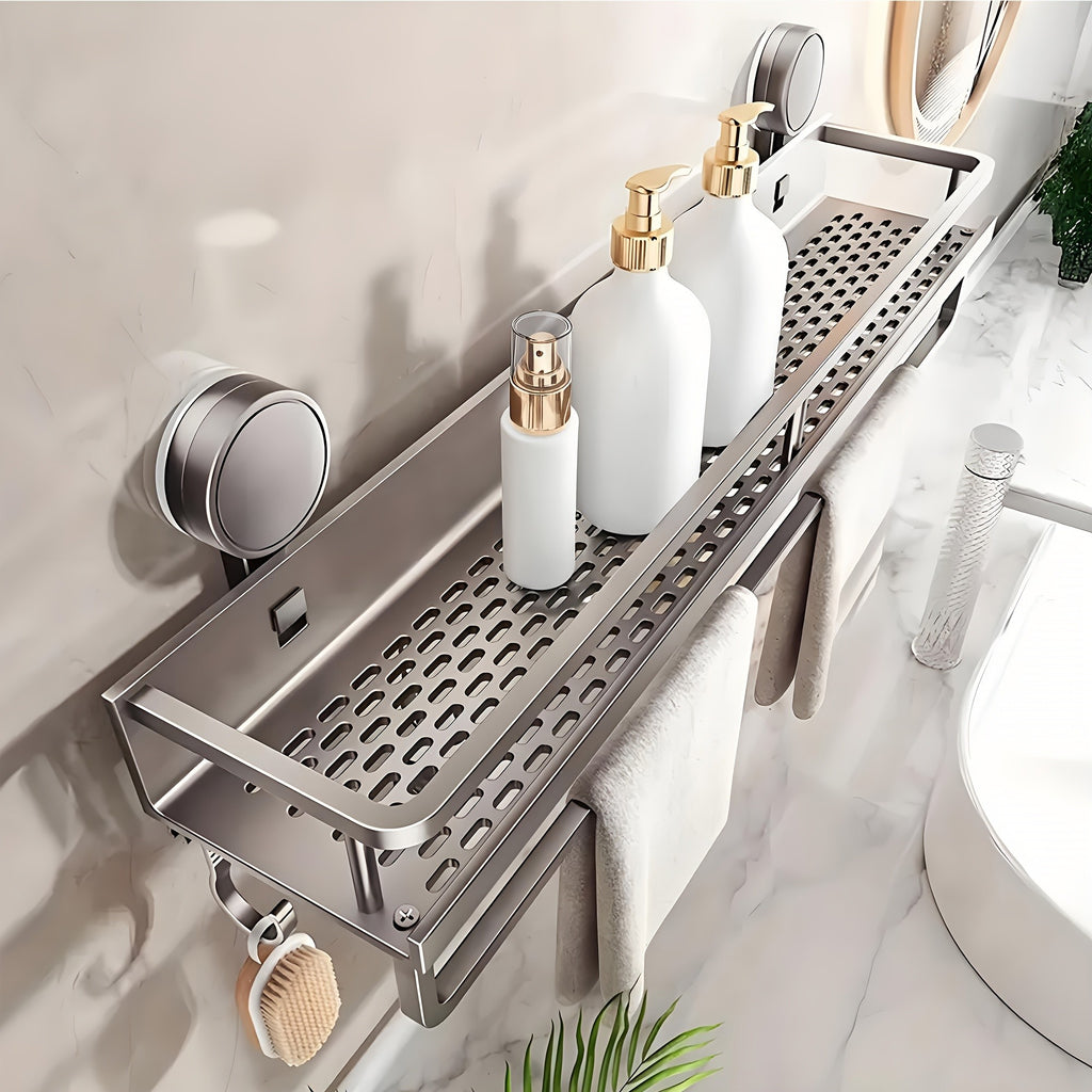 Suction Cup Shower Caddy Space Aluminum – Wall-Mounted Bathroom Shelf Organizer with Towel Holder, Rustproof Floating Shelf for Shampoo & Soap