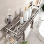 Suction Cup Shower Caddy Space Aluminum – Wall-Mounted Bathroom Shelf Organizer with Towel Holder, Rustproof Floating Shelf for Shampoo & Soap
