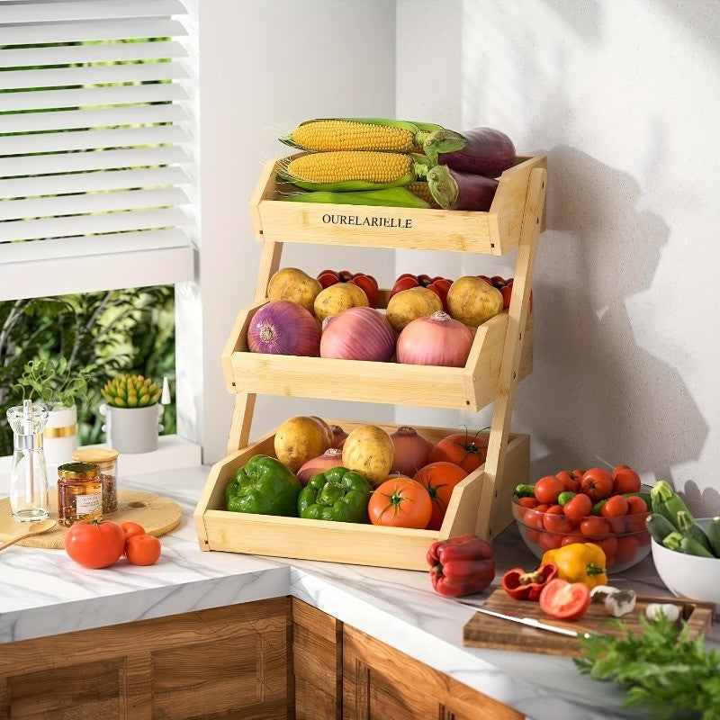 3 Tier Bamboo Fruit Basket Rack Large Capacity Countertop Kitchen Storage for Fruits Vegetables & Bread – Natural Wood Ventilated Design