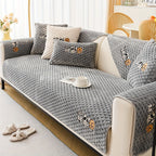 Honeycomb Velvet Sofa Slipcover Pet-Friendly Non-Slip with Cute Dog Embroidery, Bohemian Style Machine Washable Polyester Couch Cover for Sofa Cushion Backrest Armrest – Single Piece Home Decor, Grey