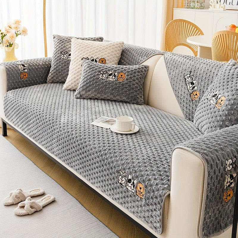 Honeycomb Velvet Sofa Slipcover Pet-Friendly Non-Slip with Cute Dog Embroidery, Bohemian Style Machine Washable Polyester Couch Cover for Sofa Cushion Backrest Armrest – Single Piece Home Decor, Grey