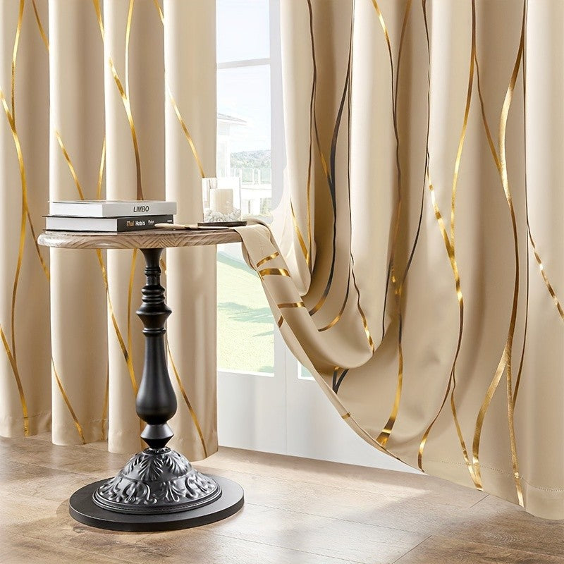 Blackout Curtains Glam Style 2 Panels - Grommet Top Room Darkening Drapes with Gold Foil Wave Pattern, Thickened Polyester Heat Insulation for Living Room & Bedroom