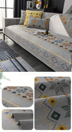 Embroidered Chenille Sofa Slipcover Bohemian Geometric Floral Pattern | Non-Slip Machine Washable Couch Cover for 1-2-3-4 Seater with Armrest & Pillow Cover Options, 6 Colors