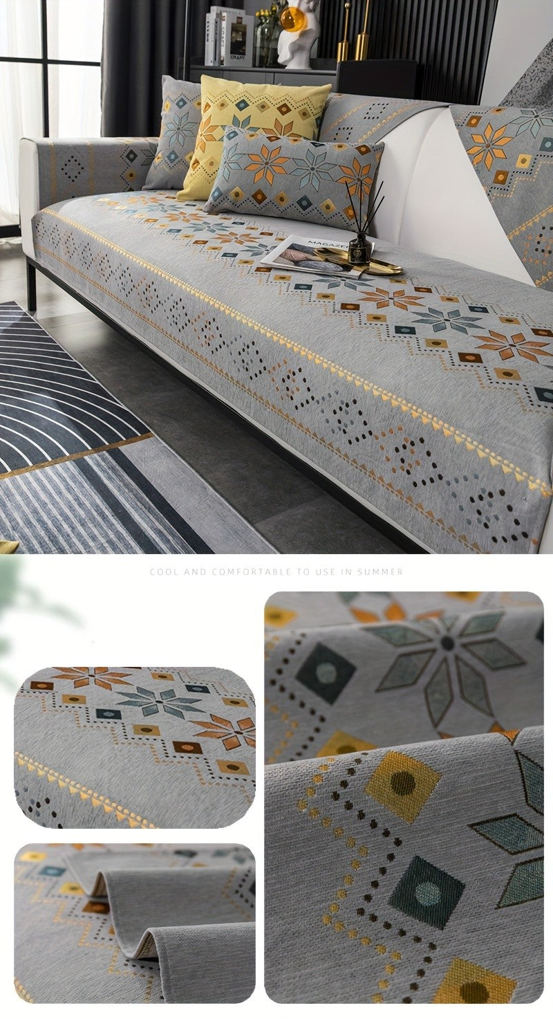 Embroidered Chenille Sofa Slipcover Bohemian Geometric Floral Pattern | Non-Slip Machine Washable Couch Cover for 1-2-3-4 Seater with Armrest & Pillow Cover Options, 6 Colors