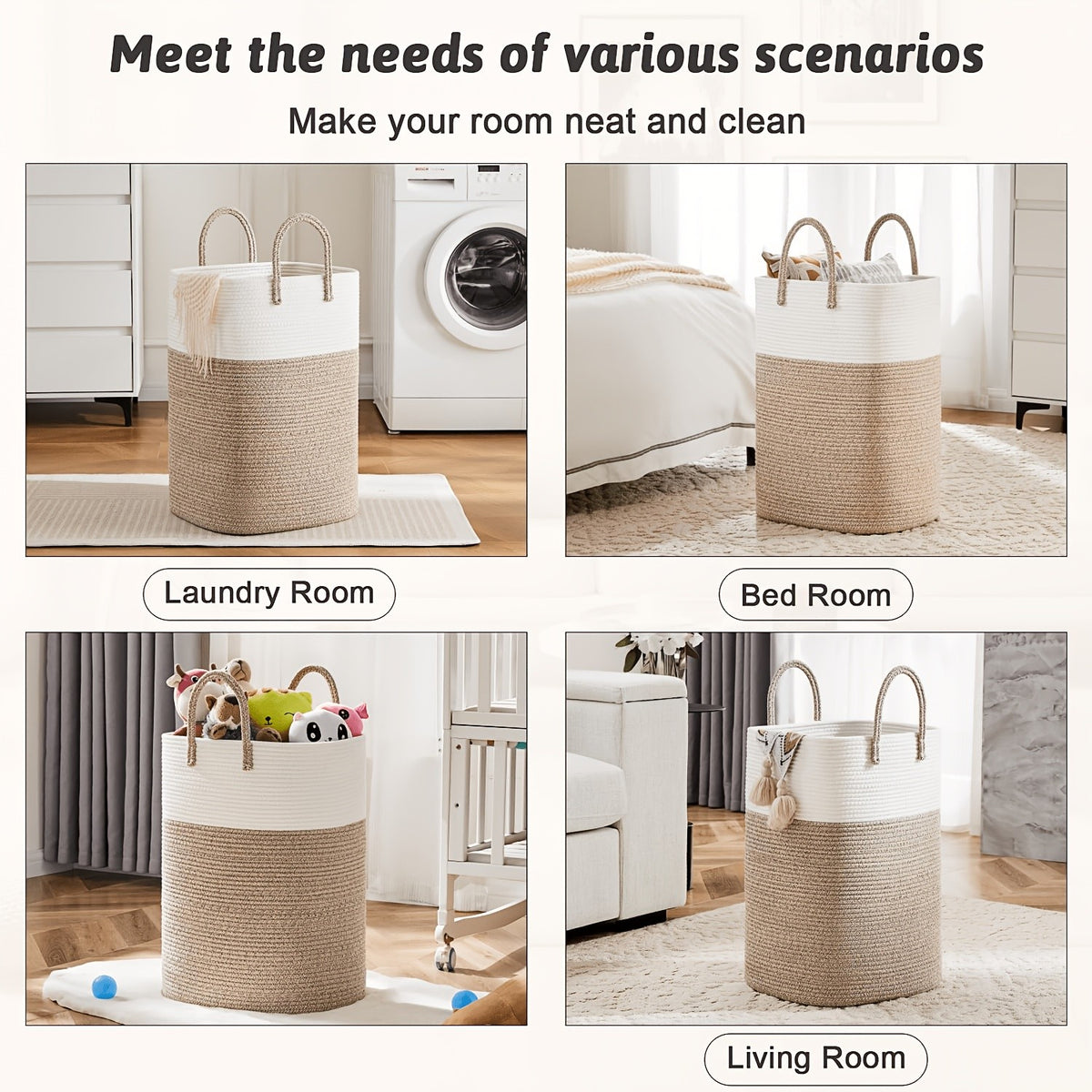 Woven Cotton Rope Laundry Basket Jumbo Size 10.57–26.42 Gal, Multifunctional Storage Bin for Dirty Clothes Blankets Toys – Bathroom Living Room Bedroom Hamper, Bohemian Home Decor Laundry Organizer