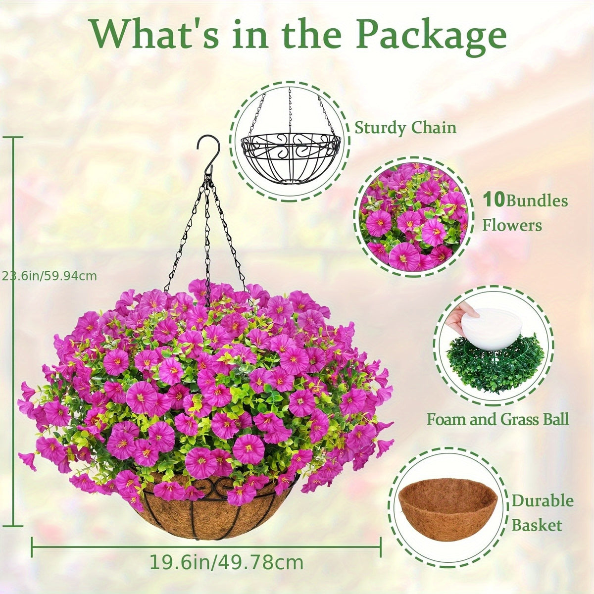UV-Resistant Artificial Hanging Flowers with Container – Fake Petunia Hanging Plants in 6 Colors, Realistic Faux Blooms for Outdoor Garden, Patio, Porch, Balcony Railing, Wedding & Mother’s Day Decor