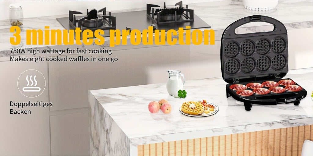 Mini Waffle Maker Makes 8 Bite-Size 2-Inch Waffles Dual Non-Stick Plates Cool Touch Handle Compact Family Breakfast Maker