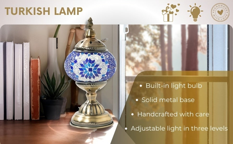 Handmade Turkish Mosaic Table Lamp 3-Color Dimming Glass Bedside Lamp with Metal Base - USB Powered Boho Decorative Light for Bedroom Living Room - Bulb Included, Ready to Use