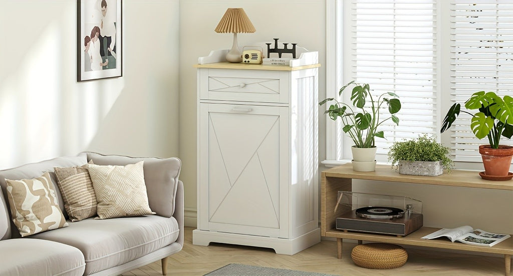 Tilt-Out Trash Can Cabinet 12 Gallon – Hidden Trash Cabinet with Drawers for Kitchen, Pantry & Laundry Room, Freestanding Kitchen Island Storage