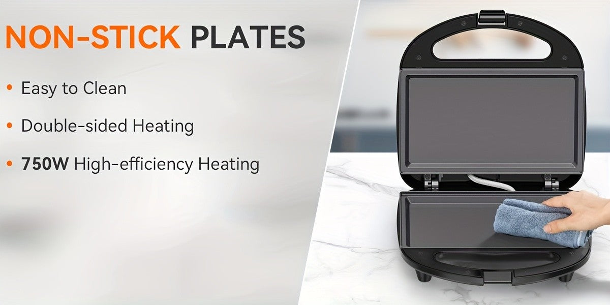 Sandwich Maker 2-Slice 750W with Non-Stick Flat Plates, Indicator Lights & Cool-Touch Handle – Panini Press & Breakfast Grill for Grilled Cheese, Eggs & Quesadillas, Easy Clean & Compact Storage