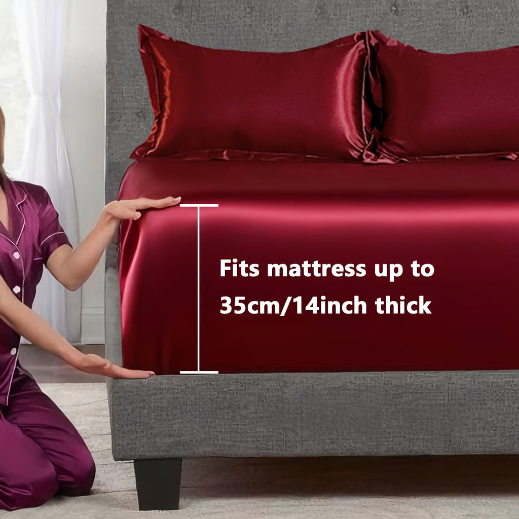 Luxury Satin Fitted Sheet Set with Pillowcases, 3000TC Silky Smooth Cooling Breathable Bed Sheets, Wrinkle-Resistant Machine Washable, Twin Full Queen King for Hot Sleepers, Adults & Kids — White Black Burgundy Gray Blue Purple