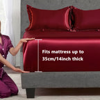Luxury Satin Fitted Sheet Set with Pillowcases, 3000TC Silky Smooth Cooling Breathable Bed Sheets, Wrinkle-Resistant Machine Washable, Twin Full Queen King for Hot Sleepers, Adults & Kids — White Black Burgundy Gray Blue Purple