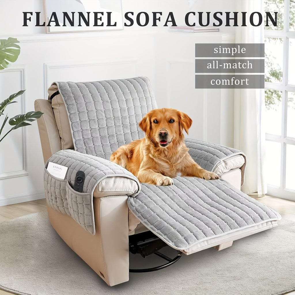 Velvet Lounge Chair Cover with Pocket Anti Slip Elastic Slipcover - Soft Plush Sofa Protection Cover for Living Room Office Home Decor, Brown Grey 53x75in