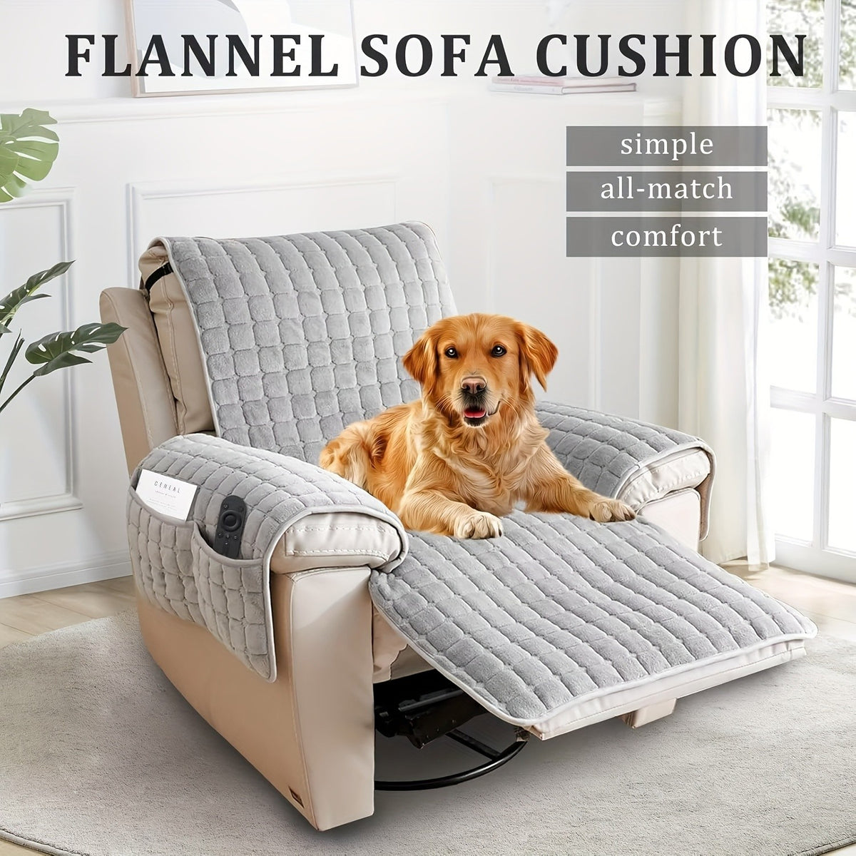 Velvet Lounge Chair Cover with Pocket Anti Slip Elastic Slipcover - Soft Plush Sofa Protection Cover for Living Room Office Home Decor, Brown Grey 53x75in