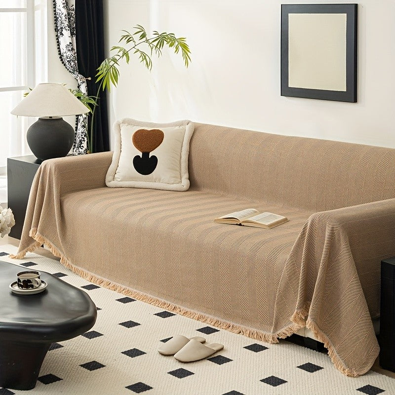 Herringbone Sofa Cover with Tassels – Washable Polyester Throw for 3-Seater, 4-Seater & Large Sofas | Grey, Coffee, Green