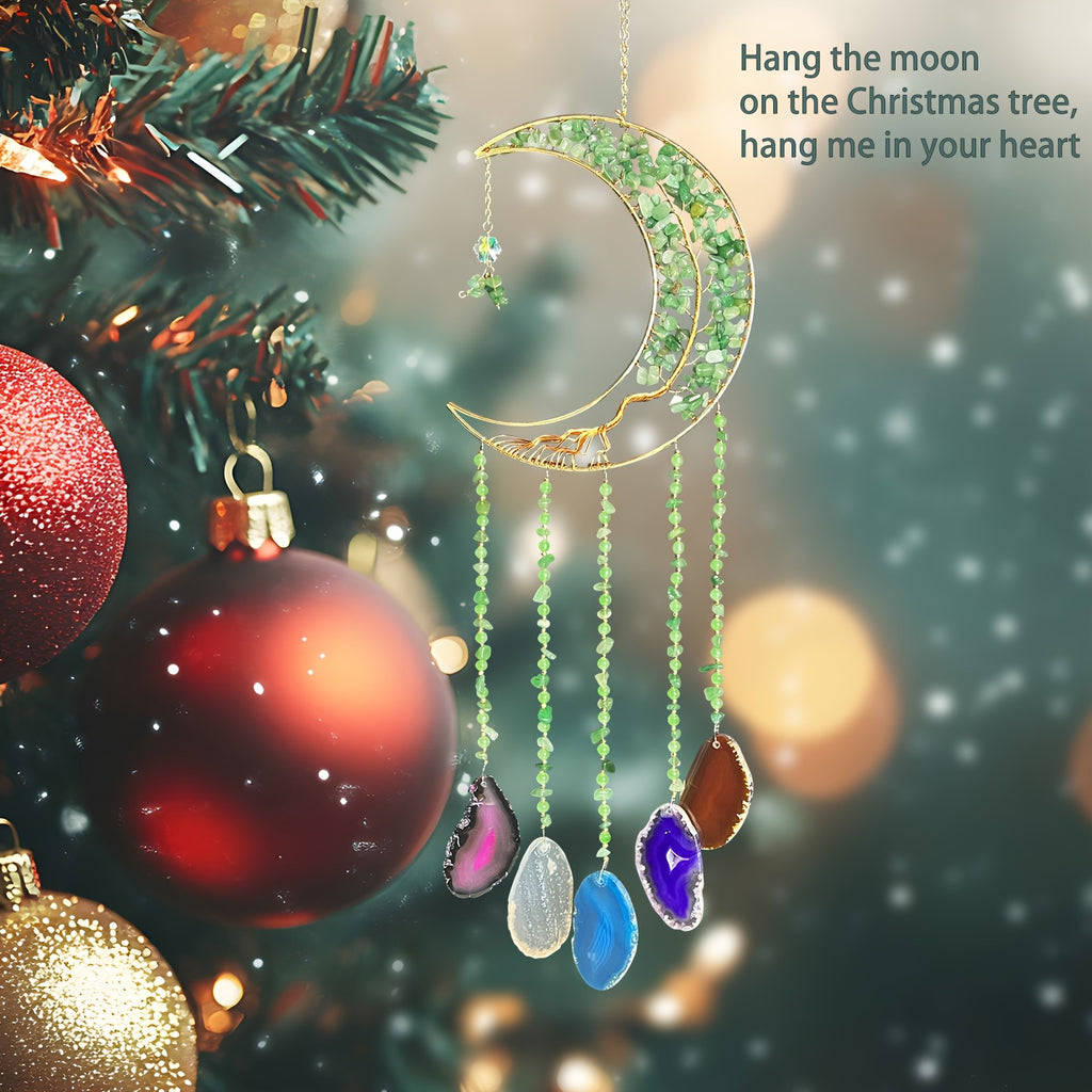Handmade Moon Agate Tree Hanging Ornament – Boho Suncatcher Crystal Wall Decor | Birthday, Christmas & Holiday Gift for Mom, Friends & Her