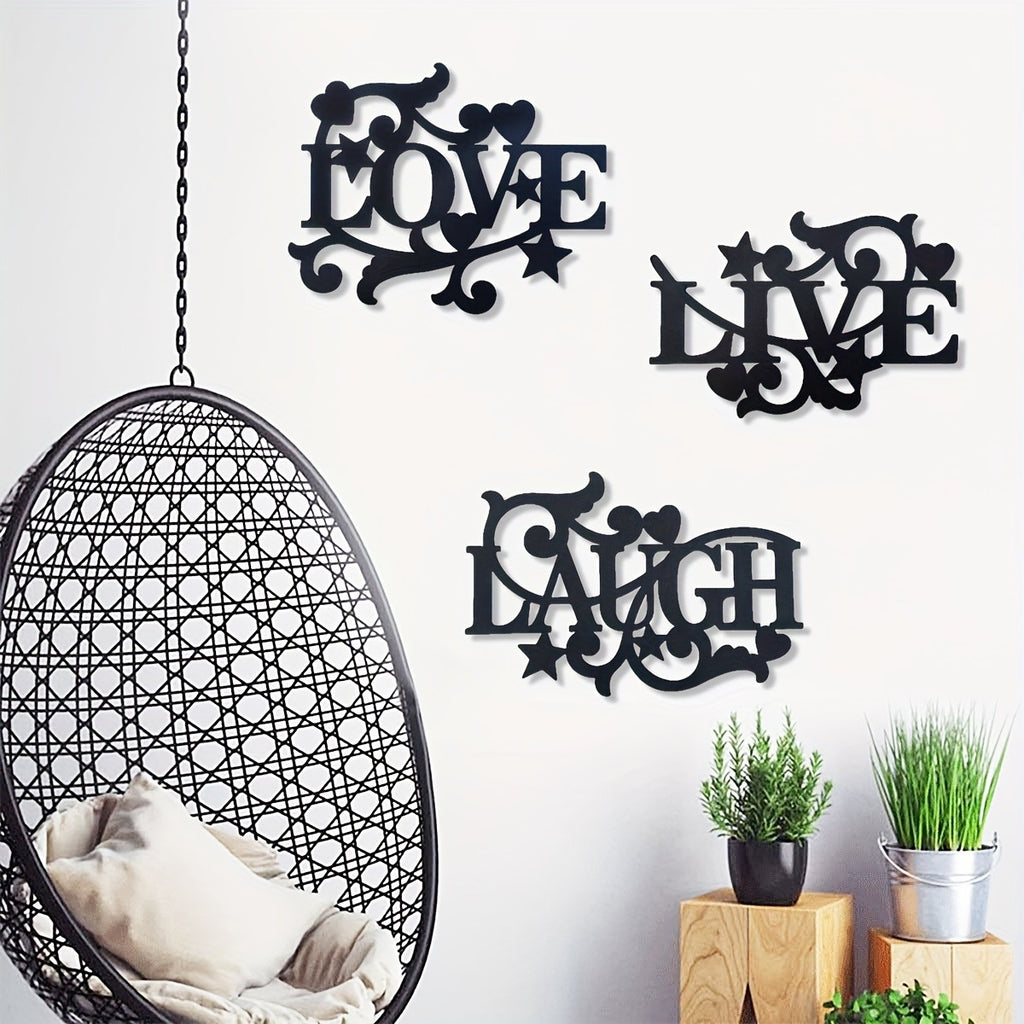 3-Piece Metal Wall Art Set – Love Life Laughter Letter Sign Silhouette | Modern Elegant Black Wall Decor for Living Room, Bedroom & Kitchen | Stylish Home Art Decoration