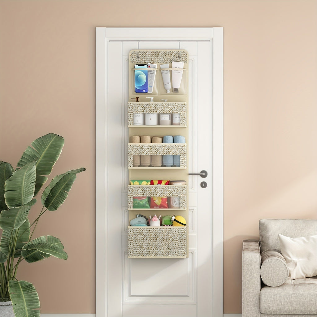 Over-The-Door Hanging Organizer – Set of 2, 5-Shelf with 4 Clear Plastic Pockets, Beige Utility Rack for Closet, Bedroom & Bathroom Storage