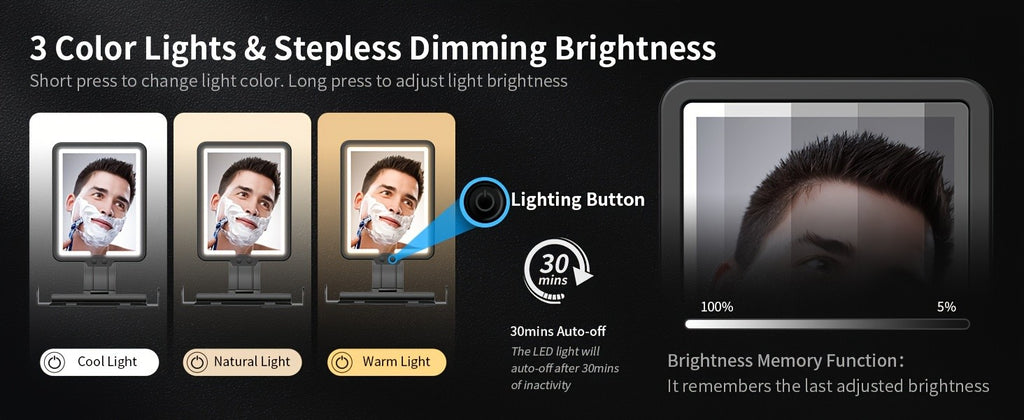 Heated Fog-Free Shower Mirror with LED Light 9.5x7 Inch | Detachable Fogless Bath Mirror with Shaving Foam Base, 2 Razor Holders & 3-Color Adjustable Brightness