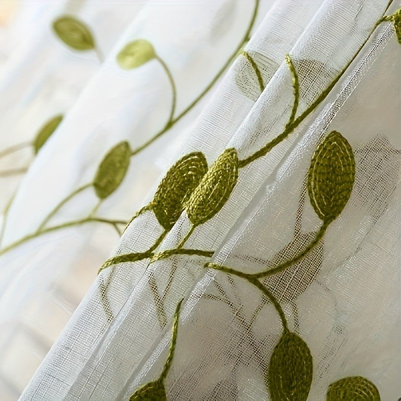 Ivy Leaf Embroidery Sheer Curtains Set of 2, White Gauze Green Botanical Rod Pocket Panels for Living Room Bedroom, 3 Sizes