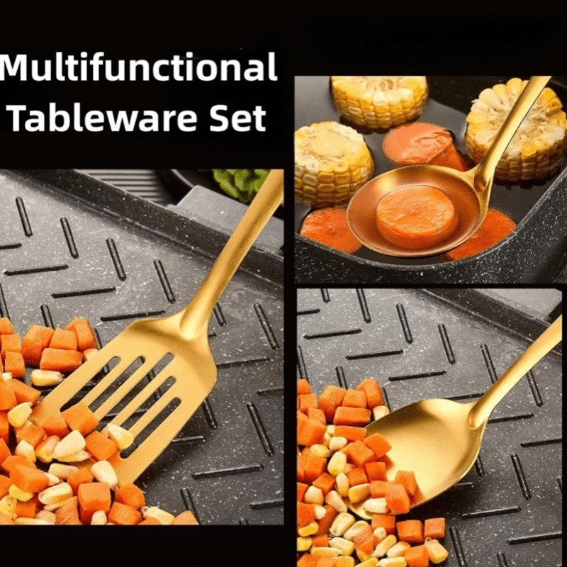 6-Piece Korean Style Stainless Steel Kitchen Utensil Set Golden Plated Cooking Spoons Frying Spatulas Hot Pot Clips with Filters
