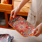 4-Piece Bohemian Ceramic Double-Ear Rectangular Fish Plate Set – Decorative Serving Platter & Baking Tray for Pasta, Steak, Sushi, Salad & Western Cuisine