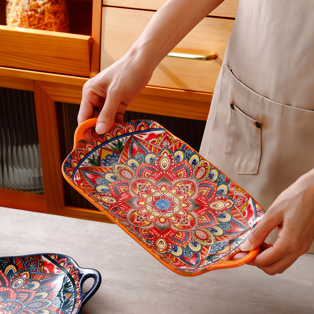4-Piece Bohemian Ceramic Double-Ear Rectangular Fish Plate Set – Decorative Serving Platter & Baking Tray for Pasta, Steak, Sushi, Salad & Western Cuisine