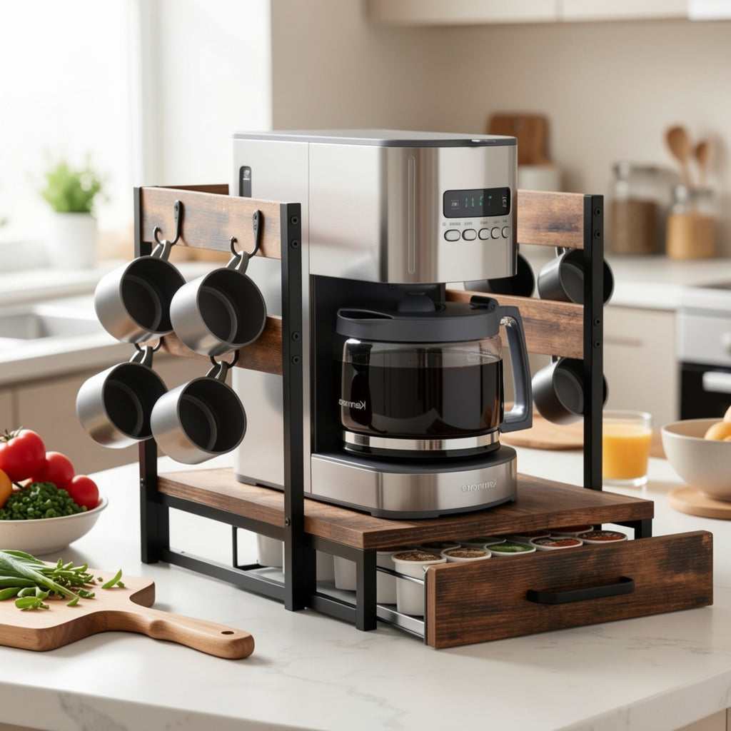 K-Cup Holder Drawer Coffee Pod Organizer for Counter with Mug Rack & Coffee Maker Stand – 35-Pod Capacity Kitchen Countertop Storage for Home & Office
