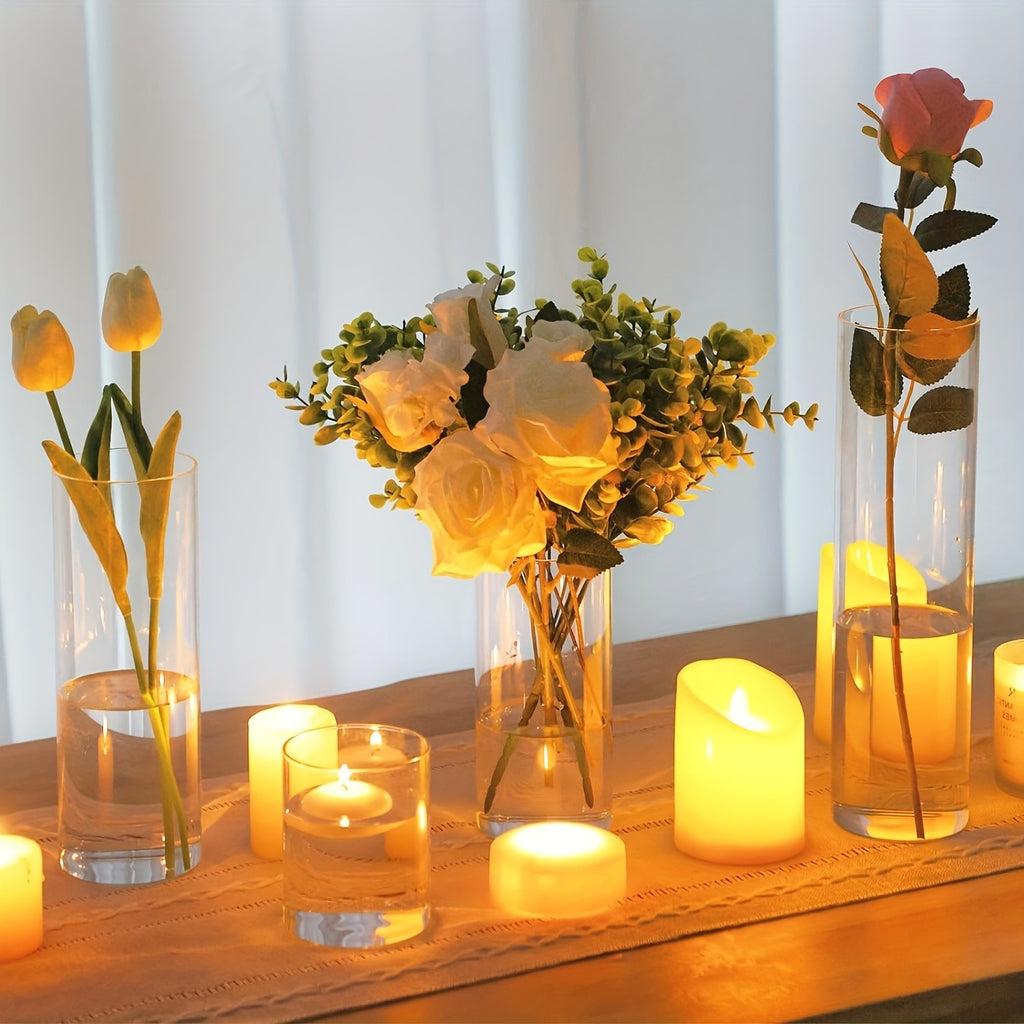Glass Cylinder Vases Set 12 24pcs 4 Sizes 4 6.8 9 12 Inch Clear Tall Vase & Candle Holder for Wedding Centerpieces, Home Decor Party Table, DIY Candle Making, Flower Arrangements