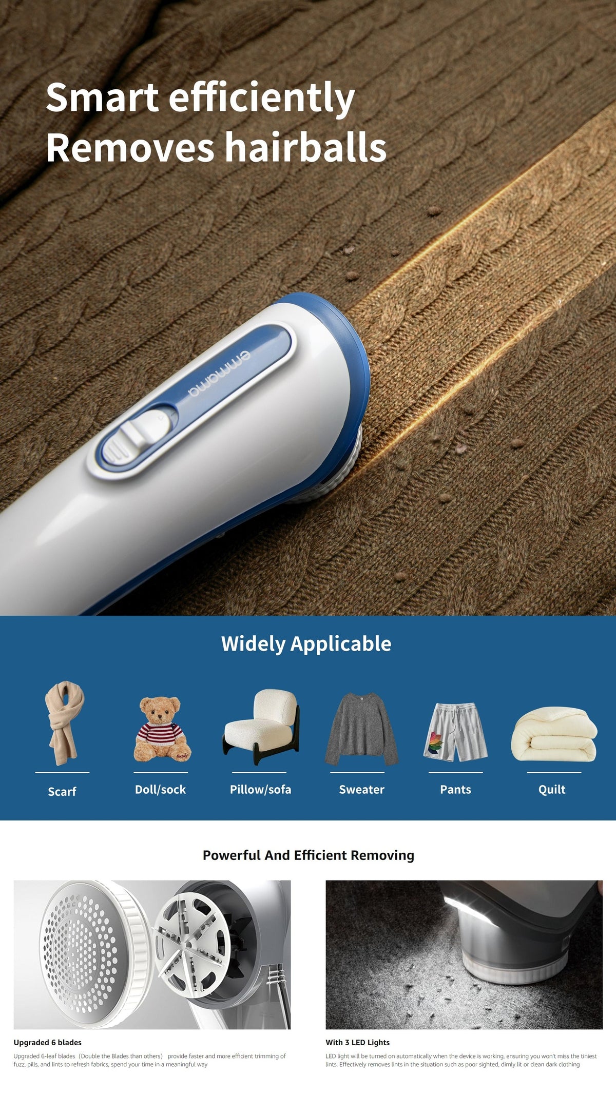 Electric Fabric Shaver Lint Remover Battery Operated Portable Lint Roller with LED Light 2 Replaceable Blades Pilling Remover for Clothes Sweaters Blankets Couch in Blue