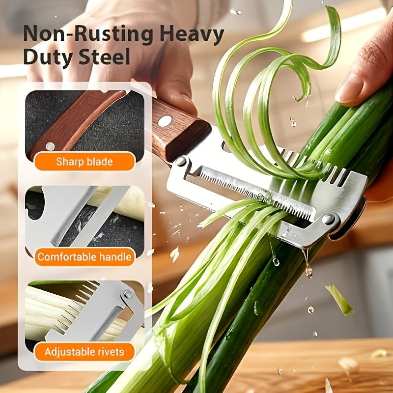 Vegetable Peeler and Slicer Set Stainless Steel with Wooden Handle – 2-Piece Kitchen Gadget with Scallion Cutter, Straight Blade & Built-In Bottle Opener