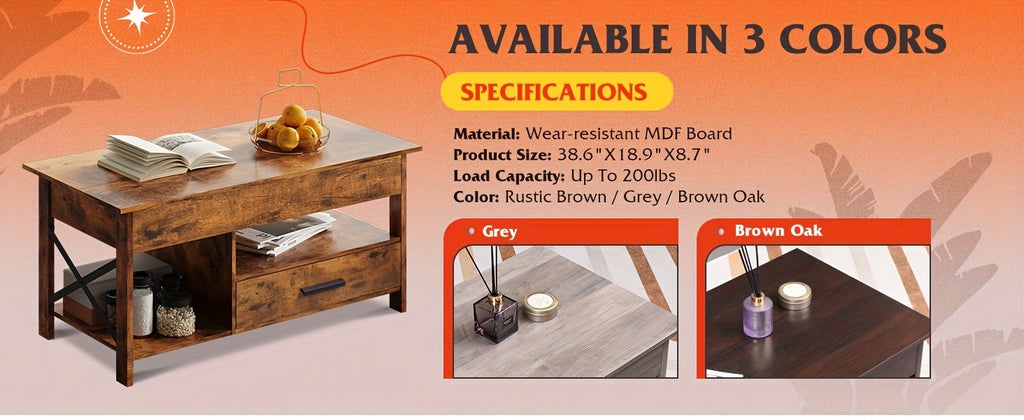 Lift Top Coffee Table with Storage Drawers & Hidden Compartment – Modern Wood Living Room Center Table, Space-Saving Multifunctional Design, 5 Colors